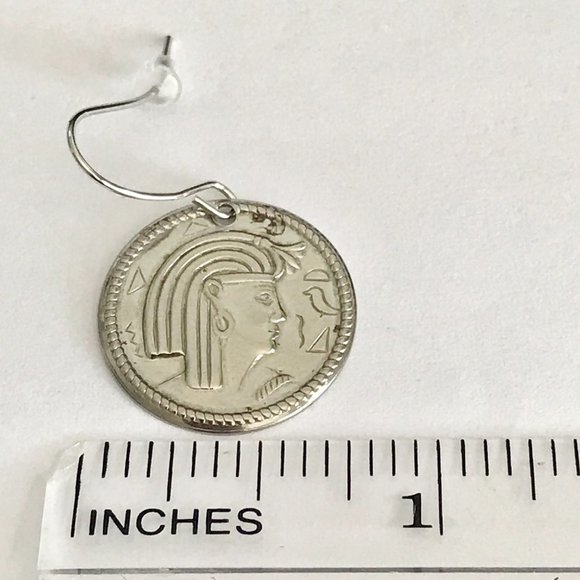 Vintage Egyptian Coin Charm Earrings Silver Plated Dangle Egypt Lady Queen - Picture 8 of 9